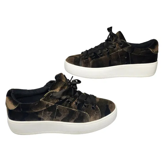 Steve Madden Shoes Womens 7 Velour Camouflage Green Brown Sneakers Low Top Satin