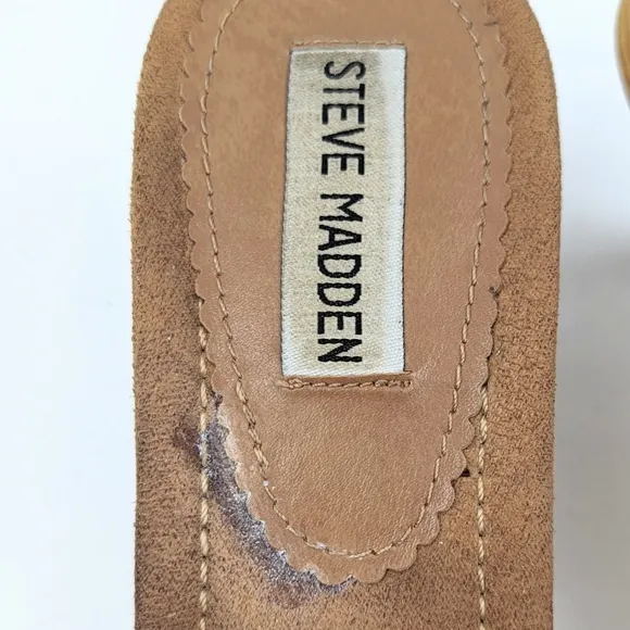 Steve Madden Strappy Platform Slide Sandal Woven Leather Stacked Heel Tan size 9