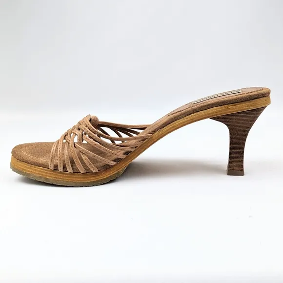 Steve Madden Strappy Platform Slide Sandal Woven Leather Stacked Heel Tan size 9