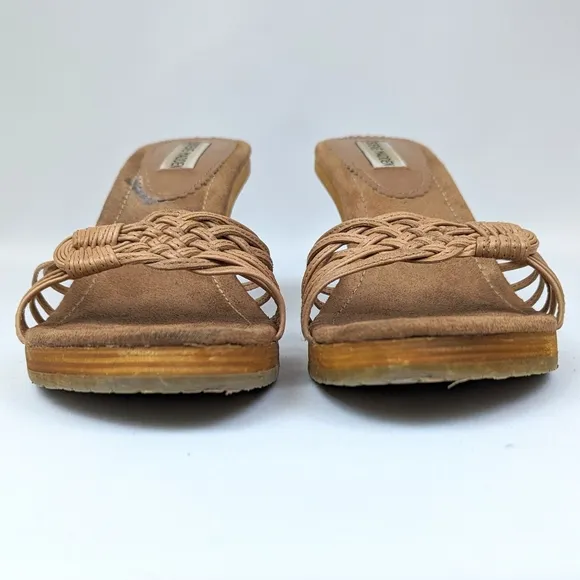 Steve Madden Strappy Platform Slide Sandal Woven Leather Stacked Heel Tan size 9