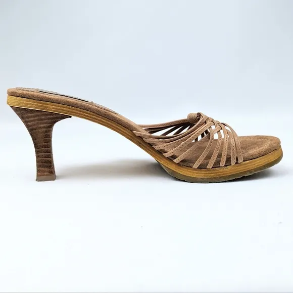 Steve Madden Strappy Platform Slide Sandal Woven Leather Stacked Heel Tan size 9