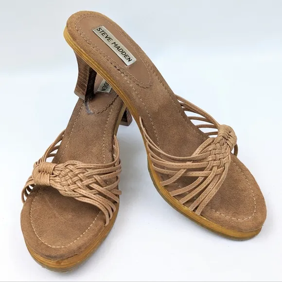 Steve Madden Strappy Platform Slide Sandal Woven Leather Stacked Heel Tan size 9