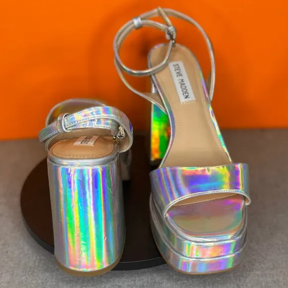 Steve Madden Warped Platform Block Heel Sandal Iridescent Rainbow Size 9