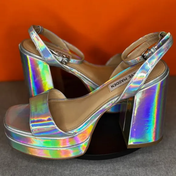 Steve Madden Warped Platform Block Heel Sandal Iridescent Rainbow Size 9