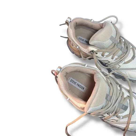 Steve Madden Watts Sneakers Women's 7.5 Beige Mesh Chunky Trail Bungee Cord Lace
