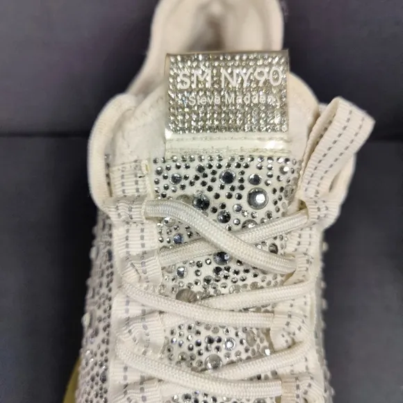 Steve Madden Women's Maxima Rhinestone Sneakes Off White Platform Shoes Size 9.5