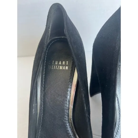 Stuart Weitzman Black Suede Almond Toe Block High Heel Slip On Pump Shoes 8.5M
