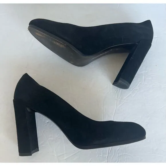 Stuart Weitzman Black Suede Almond Toe Block High Heel Slip On Pump Shoes 8.5M