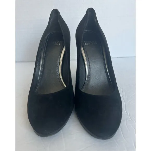Stuart Weitzman Black Suede Almond Toe Block High Heel Slip On Pump Shoes 8.5M