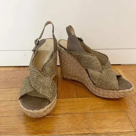 Stuart Weitzman Cross Over Woven Raffia Espadrille Wedge Sandals