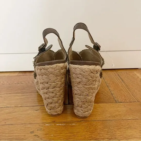 Stuart Weitzman Cross Over Woven Raffia Espadrille Wedge Sandals