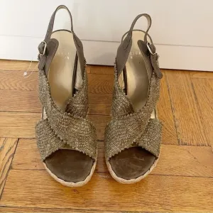 Stuart Weitzman Cross Over Woven Raffia Espadrille Wedge Sandals