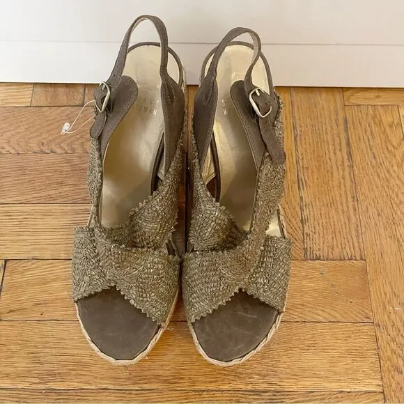 Stuart Weitzman Cross Over Woven Raffia Espadrille Wedge Sandals
