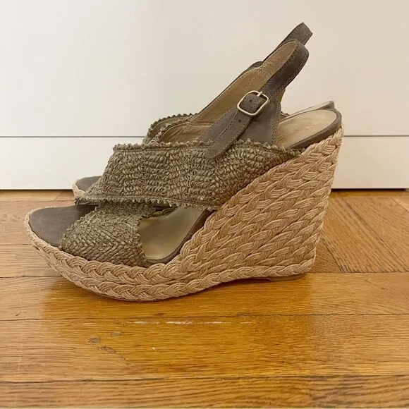 Stuart Weitzman Cross Over Woven Raffia Espadrille Wedge Sandals