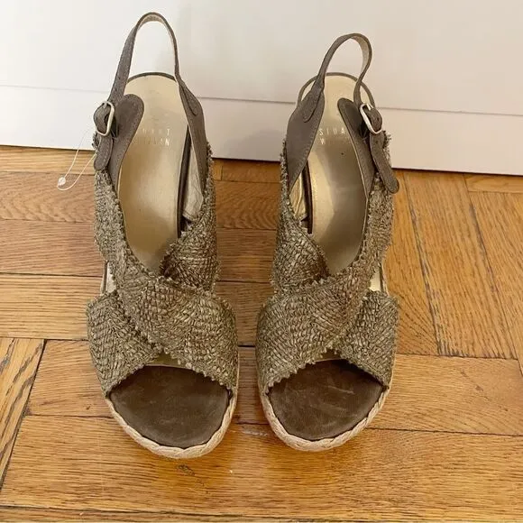 Stuart Weitzman Cross Over Woven Raffia Espadrille Wedge Sandals