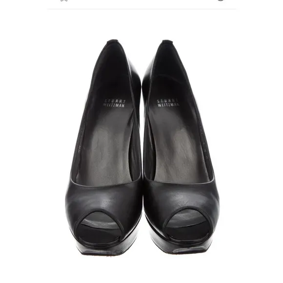 Stuart Weitzman STAGE Kid Leather Black Peep Toe Pumps 9.5