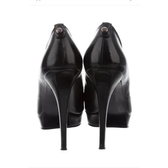 Stuart Weitzman STAGE Kid Leather Black Peep Toe Pumps 9.5