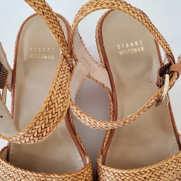 STUART WEITZMAN Sz 8 Tan Barbados Leather Braided Wedge Platform Sandals 3&quot; NWOT