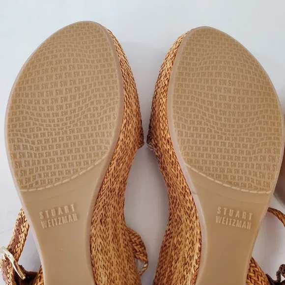STUART WEITZMAN Sz 8 Tan Barbados Leather Braided Wedge Platform Sandals 3&quot; NWOT
