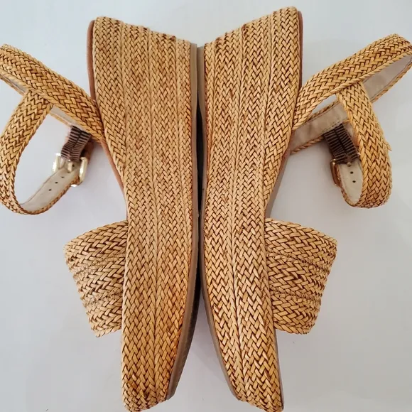 STUART WEITZMAN Sz 8 Tan Barbados Leather Braided Wedge Platform Sandals 3&quot; NWOT
