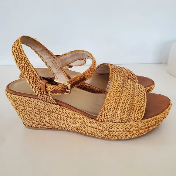 STUART WEITZMAN Sz 8 Tan Barbados Leather Braided Wedge Platform Sandals 3&quot; NWOT