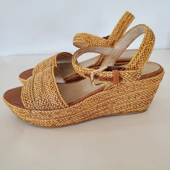 STUART WEITZMAN Sz 8 Tan Barbados Leather Braided Wedge Platform Sandals 3&quot; NWOT