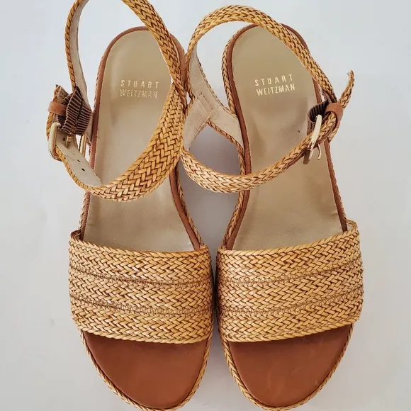 STUART WEITZMAN Sz 8 Tan Barbados Leather Braided Wedge Platform Sandals 3&quot; NWOT