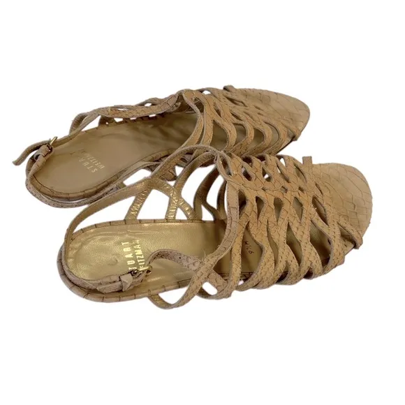 Stuart Weitzman Tan Woven Snake embossed Leather Sandals Kitten Heels 9.5 Y2K