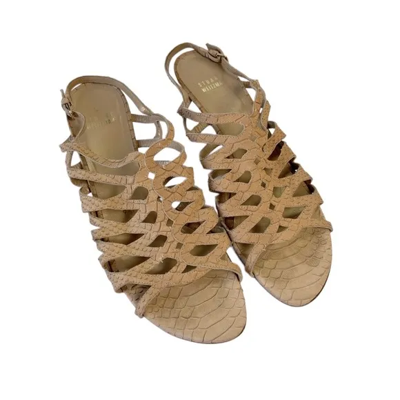 Stuart Weitzman Tan Woven Snake embossed Leather Sandals Kitten Heels 9.5 Y2K
