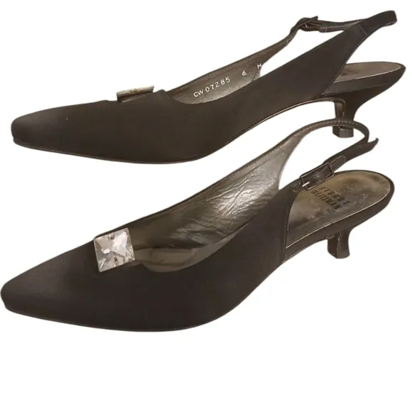 Stuart Weitzman Vintage Aurora 90s Classic Black Satin Rhinestone Kitten Heels 6