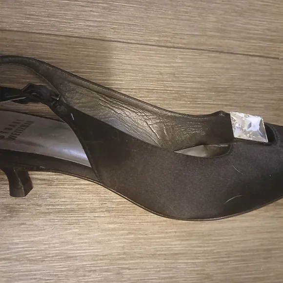 Stuart Weitzman Vintage Aurora 90s Classic Black Satin Rhinestone Kitten Heels 6
