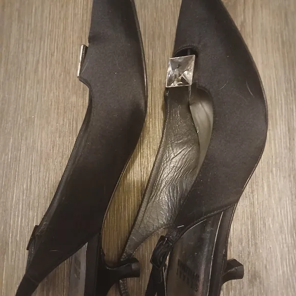 Stuart Weitzman Vintage Aurora 90s Classic Black Satin Rhinestone Kitten Heels 6