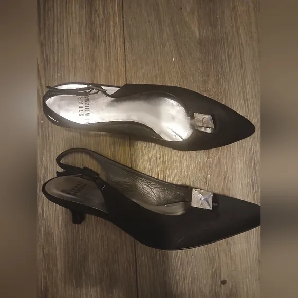 Stuart Weitzman Vintage Aurora 90s Classic Black Satin Rhinestone Kitten Heels 6