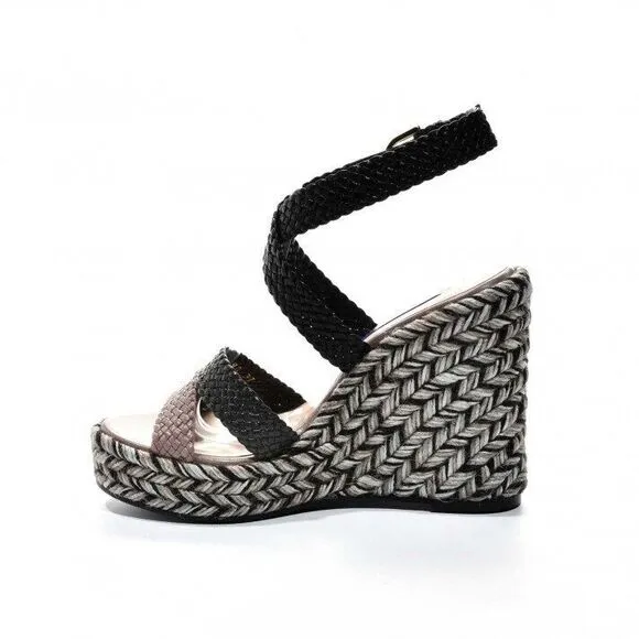 Stuart Weitzman Women's Elsie Woven Leather Espadrille Wedge‎ Sandals Size 9
