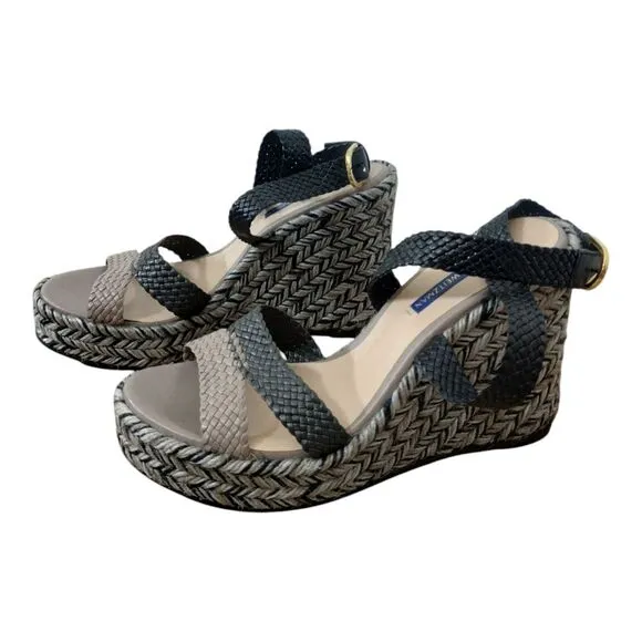 Stuart Weitzman Women's Elsie Woven Leather Espadrille Wedge‎ Sandals Size 9