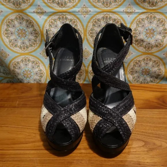 STUART WEITZMAN Woven Raffia Upper &amp; Wrapped Heeled Platform Sandals, size 5½