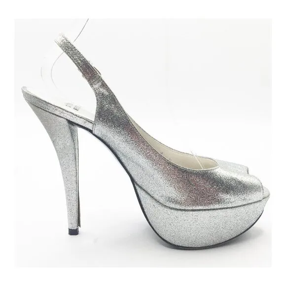 STUART WETZMAN Silver Glitter Open Toe Platform Slingback Pumps