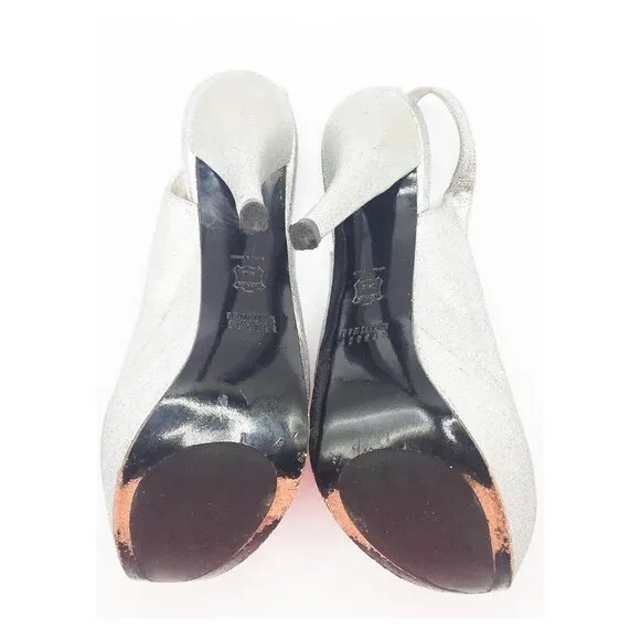 STUART WETZMAN Silver Glitter Open Toe Platform Slingback Pumps