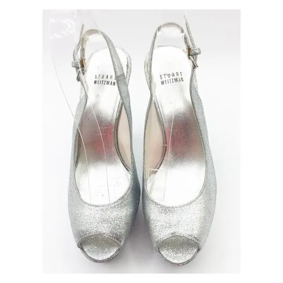 STUART WETZMAN Silver Glitter Open Toe Platform Slingback Pumps