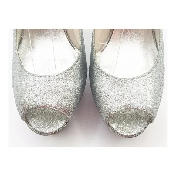 STUART WETZMAN Silver Glitter Open Toe Platform Slingback Pumps