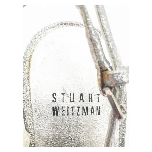 STUART WETZMAN Silver Glitter Open Toe Platform Slingback Pumps
