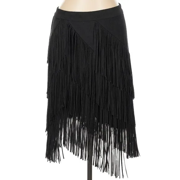 💋STUNNING💋Retro Chic Black Vegan Suede Asymmetrical Fringed Midi Skirt