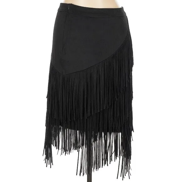 💋STUNNING💋Retro Chic Black Vegan Suede Asymmetrical Fringed Midi Skirt
