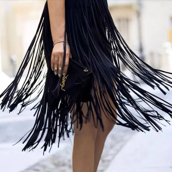 💋STUNNING💋Retro Chic Black Vegan Suede Asymmetrical Fringed Midi Skirt