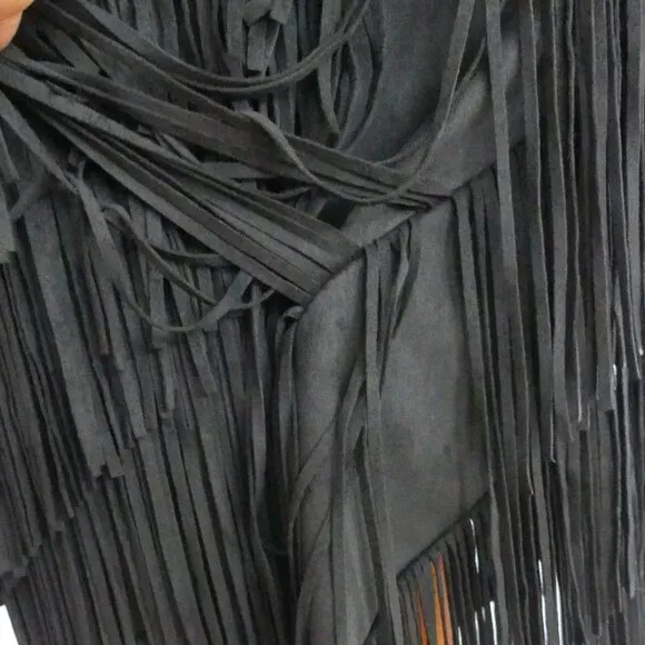 💋STUNNING💋Retro Chic Black Vegan Suede Asymmetrical Fringed Midi Skirt