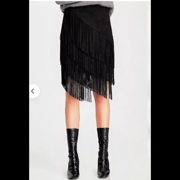 💋STUNNING💋Retro Chic Black Vegan Suede Asymmetrical Fringed Midi Skirt