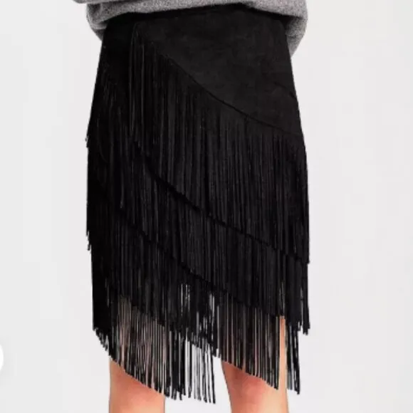 💋STUNNING💋Retro Chic Black Vegan Suede Asymmetrical Fringed Midi Skirt