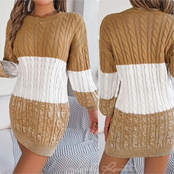 Stylish Color Block Cable-Knit Sweater Dress