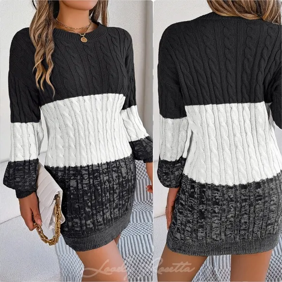 Stylish Color Block Cable-Knit Sweater Dress