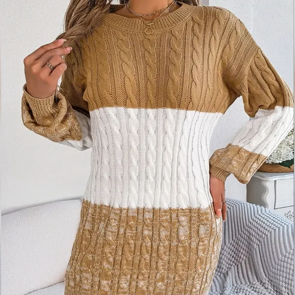 Stylish Color Block Cable-Knit Sweater Dress